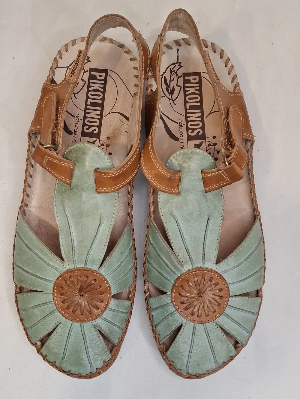 PIKOLINOS Puerta Vallarta Mint Green and Tan Leather Slingback Sandals